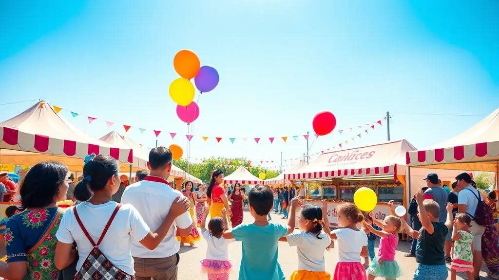 A vibrant scene from the Longvillers Kermesse, featuring children playing games and families enjoying food stalls.